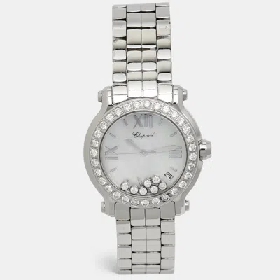 Pre-owned Chopard Mother Of Pearl Diamond Stainless Steel Happy Sport 8475 Women's Wristwatch 35 Mm In White