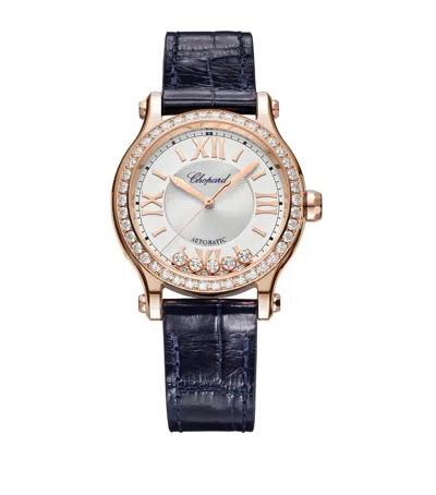 Chopard Rose Gold And Diamond Happy Sport Automatic Watch In Black