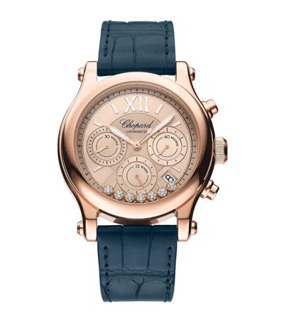Chopard Rose Gold And Diamond Happy Sport Chrono Watch 40mm In Black