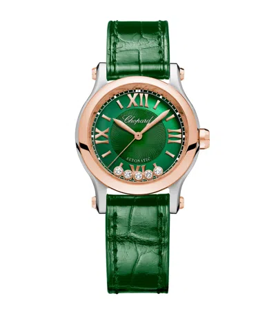 Chopard Rose Gold, Steel And Diamond Happy Sport Watch In Green