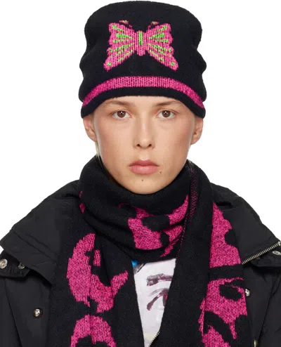 Chopova Lowena Black & Pink Cyber Butterfly Beanie