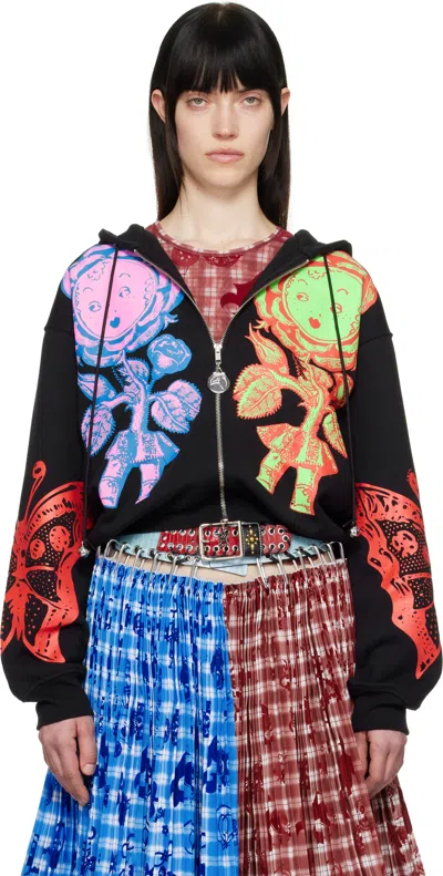 Chopova Lowena Black Double Rose Bud Zip Hoodie In Black Multi