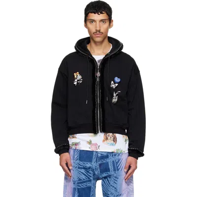 Chopova Lowena Black Fuzzy Pearl Zip Hoodie