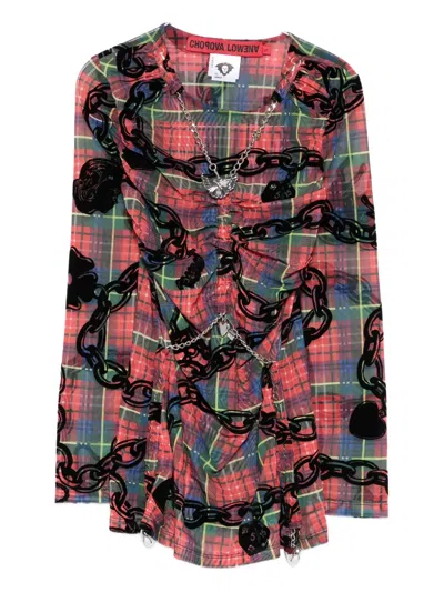 Chopova Lowena Chain-print Plaid Blouse In Pink