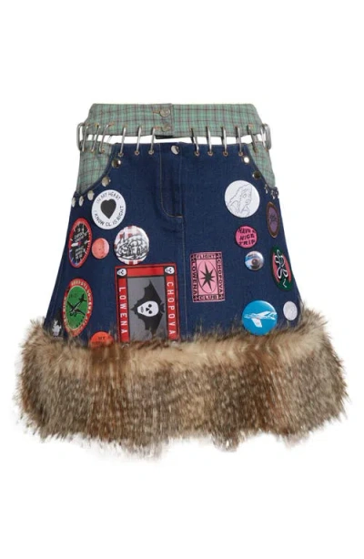 Chopova Lowena Kram Button & Patch Embellished Carabiner Skirt With Faux Fur Trim In Multi