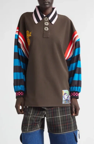 Chopova Lowena Striped Embellished Polo Top In Brown