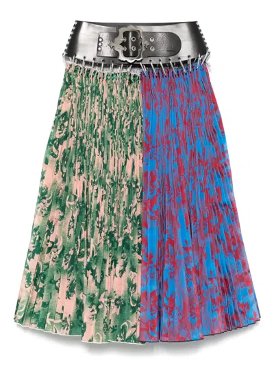Chopova Lowena Mosey Mixed Print Pleated Taffeta Carabiner Skirt In Blue Multi