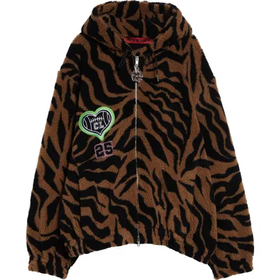 Chopova Lowena Tiger Stripe Oversize High Pile Fleece Full Zip Hoodie In Brown