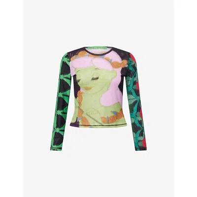 Chopova Lowena Womens Harry Lambert For  X Disney Centaurette Graphic-print Long-sleeve Stretch-mesh  In Green