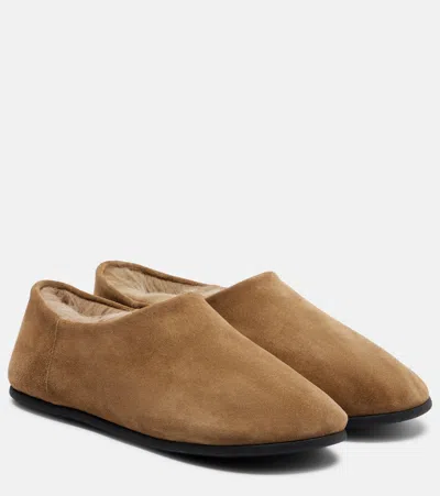 Christen Big Bootie Shearling-trimmed Suede Slip-on Shoes In Brown