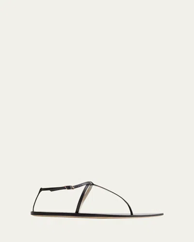 CHRISTEN MONO LEATHER T-STRAP FLAT SANDALS