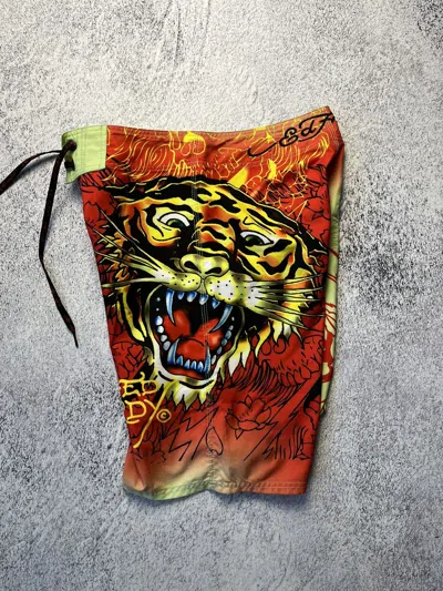 Pre-owned Christian Audigier Mens Vintage Ed Hardy Shorts Streetwear Y2k In Yellow