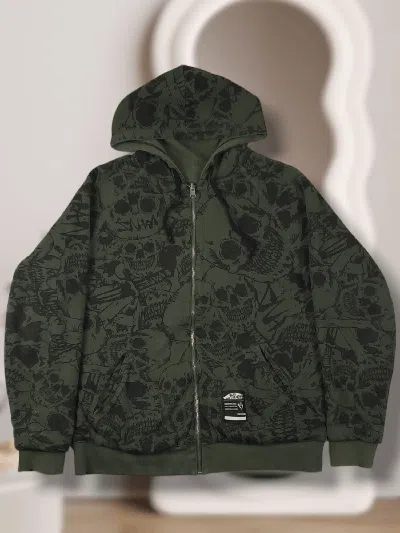 Pre-owned Christian Audigier Vans Reversible Skull Skate Zip Hoodie Jacket Knit Japanese In Green