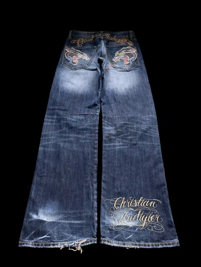 Pre-owned Christian Audigier X Ed Hardy Baggy Denim Jeans Christian Audigier Big Logo Embroidered In Navy