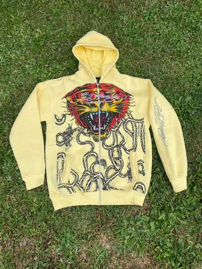 Pre-owned Christian Audigier X Ed Hardy By Ch. Audigier Tiger Zip Hoodie In Yellow