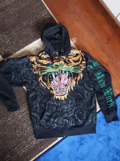 Pre-owned Christian Audigier X Ed Hardy By Christian Audigier Big Tiger Y2k Hoodie Size M In Black