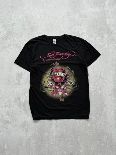 Pre-owned Christian Audigier X Ed Hardy By Christian Audigier Tee Shirt Love Kills Slowly In Black