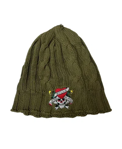 Pre-owned Christian Audigier X Ed Hardy Christian Audigier Cable Knit Beanie In Olive Green