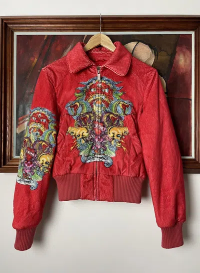 Pre-owned Christian Audigier X Ed Hardy Christian Audigier Hype Woman Fur Y2k Jacket In Red