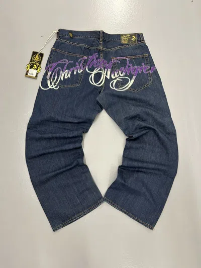 Pre-owned Christian Audigier X Ed Hardy Crazy Vintage Y2k Christian Audigier Ed Hardy Baggy Jeans In Blue