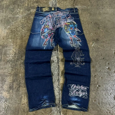 Pre-owned Christian Audigier X Ed Hardy Crazy Vintage Y2k Christian Audigier Skull Skater Jeans In Blue
