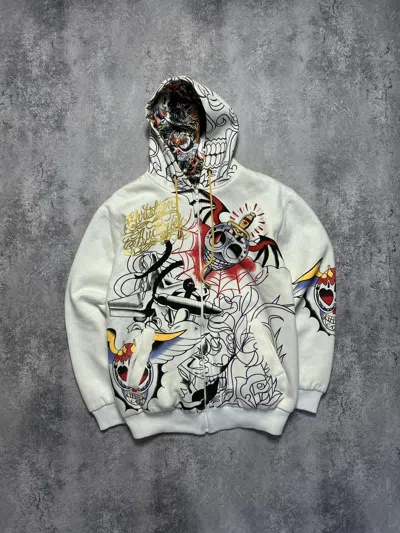 Pre-owned Christian Audigier X Ed Hardy Double-sided Zip-hoodie Ed Hardy Christian Audigier Big Logo In White
