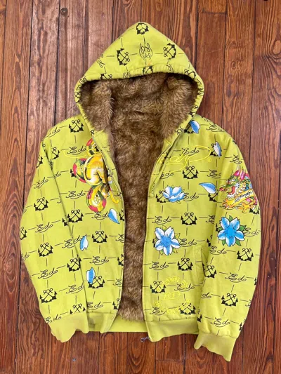 Pre-owned Christian Audigier X Ed Hardy Fur Lined Zip Up Hoodie In Green