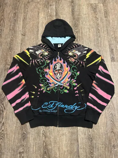Pre-owned Christian Audigier X Ed Hardy Grail Ed Hardy Christian Audigier Skull Zip Up Hoodie In Black