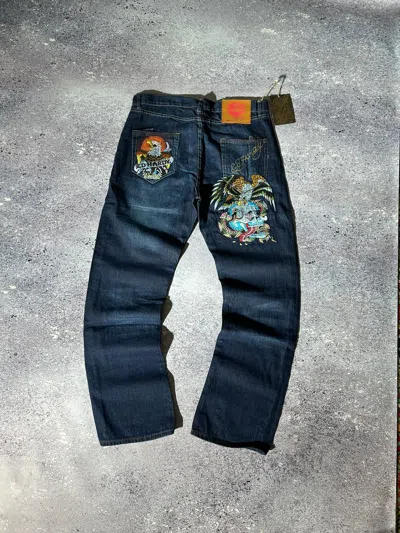 Pre-owned Christian Audigier X Ed Hardy Jeans Denim Eagle Skull Big Logo Back Y2k In Blue