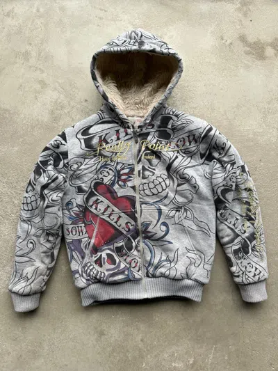 Pre-owned Christian Audigier X Ed Hardy Really Point Drip Zip Hoodie In Grey