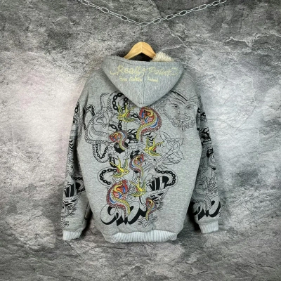 Pre-owned Christian Audigier X Ed Hardy Really Point Fur Zip Hoodie Ed Hardy Style Teddy Vintage In Grey