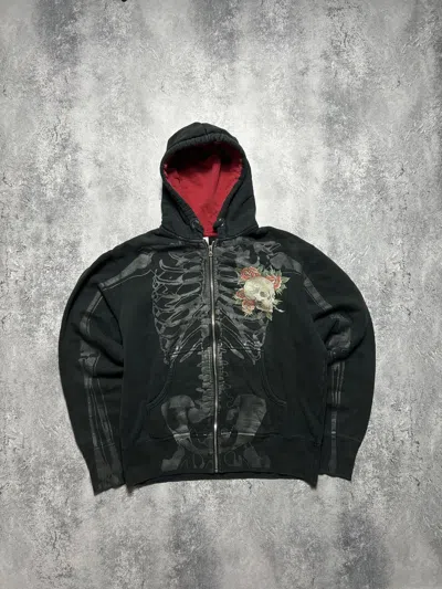 Pre-owned Christian Audigier X Ed Hardy Skeleton Zip-hoodie Skull Vintage Big Logo In Black