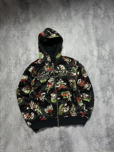 Pre-owned Christian Audigier X Ed Hardy Very Double-sided Zip-hoodie Ed Hardy Christian Audigie In Black