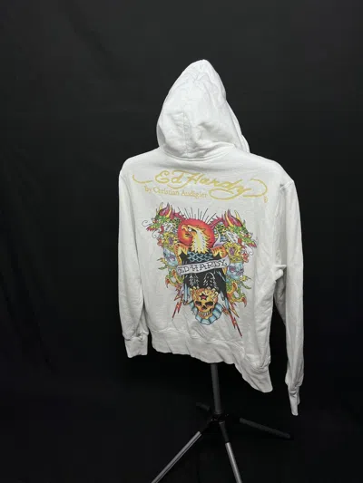 Pre-owned Christian Audigier X Ed Hardy Vintage Ed Hardy Hoodie Eagle Dragon Skull In White
