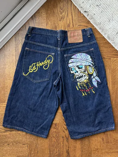 Pre-owned Christian Audigier X Ed Hardy Vintage Ed Hardy Jean Shorts Embroidered Baggy Jorts Skull In Dark Denim