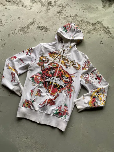 Pre-owned Christian Audigier X Ed Hardy Vintage Ed Hardy Tattoo City Tiger Rose Y2k Hoodie In White