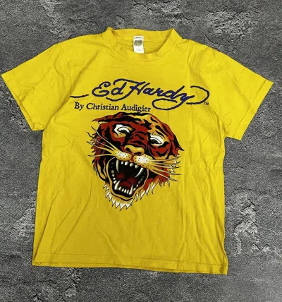Pre-owned Christian Audigier X Ed Hardy Vintage Ed Hardy Tiger Bog Logo T-shirt Japan In Yellow