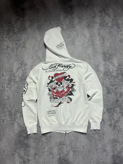 Pre-owned Christian Audigier X Ed Hardy Vintage Ed Hardy Zip-hoodie Christian Audigied Big Logo In White
