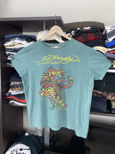 Pre-owned Christian Audigier X Ed Hardy Vintage Tiger Tee Y2k Logo In Green