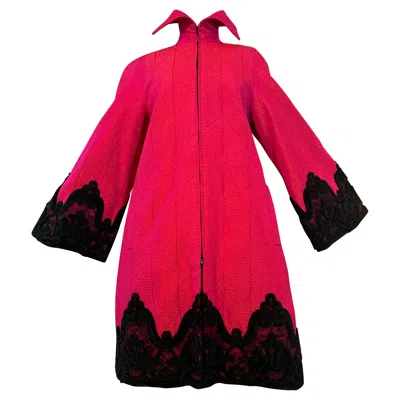 Pre-owned Christian Lacroix 1980s  Shocking Pink Silk Evening Coat W Lace Chenille Trim