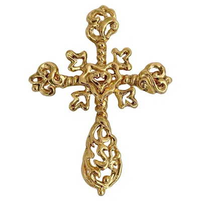 Pre-owned Christian Lacroix 1980s Vintage  Gold Tone Baroque Openwork Cross Brooch Pendant In Multi