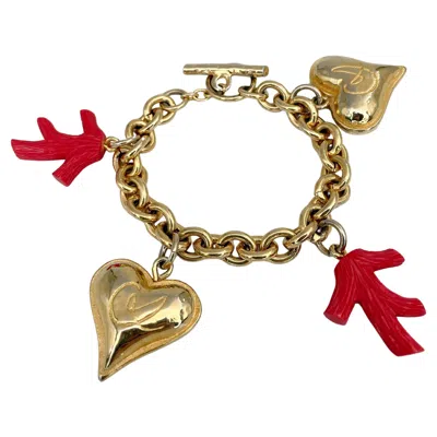 Pre-owned Christian Lacroix 1980s Vintage  Gold Tone Faux Coral Logo Heart Charm Bracelet In Red