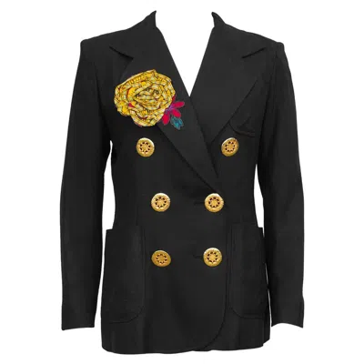 Pre-owned Christian Lacroix 1990s  Black Linen Double Breasted Jacket With Flower