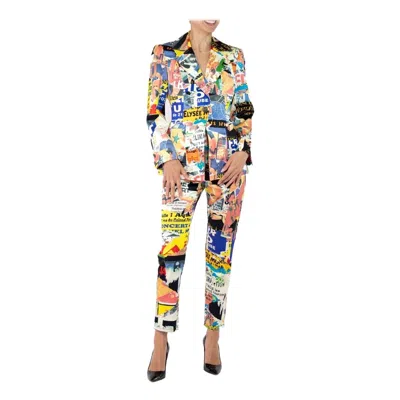 Pre-owned Christian Lacroix 1990s  Multicolored Rayon French Collage Pant & Jacket Ensemble In Sand