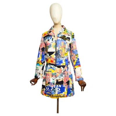 Pre-owned Christian Lacroix 1990s Colourful Satin Magazine Print Pattern Jacket Skirt Set In Beige
