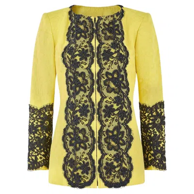 Pre-owned Christian Lacroix 1991  Runway Yellow Jacquard Jacket With Black Lace