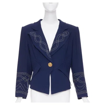 Pre-owned Christian Lacroix 1991 Vintage Geometric Cord Embroidery Navy Jacket Fr44 Xl In Blue