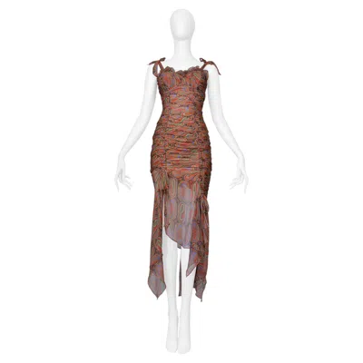 Pre-owned Christian Lacroix 1994 Paisley Silk Chiffon Ruched Dress In Brown