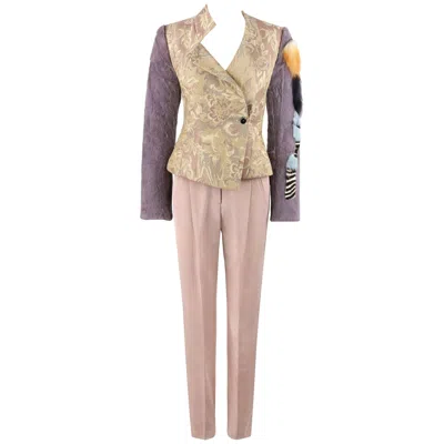 Pre-owned Christian Lacroix 2pc Floral Jacquard And Fur Jacket Pant Suit Set, A/w 2001 In Brown