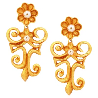 Pre-owned Christian Lacroix Abstract Scroll Drop Statement Earrings With Pearl Details By  In Multi